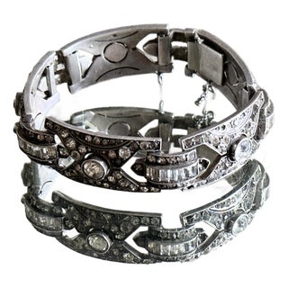 1920s Art Deco 935 Silver Panel Bracelet With Marquise Style Glass Stones For Sale