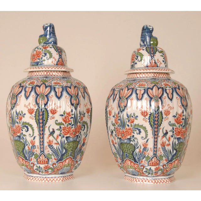 Delft Vases Tall Covered Jars Dutch Delftware Tinglazed Pottery Polychrome Chinoiserie a Pair For Sale - Image 6 of 11