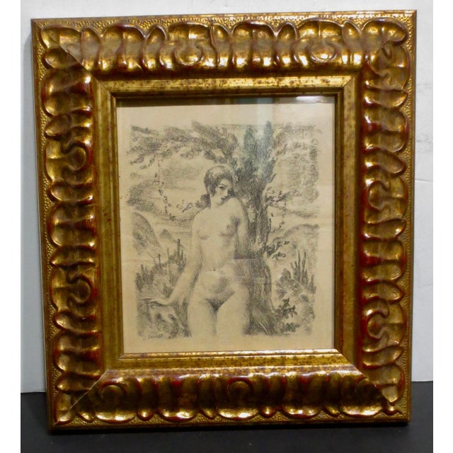 Circa 1920s-30s: A female nude in classic deco forms, standing in the midst of a garden and hills. Signed in the image in...