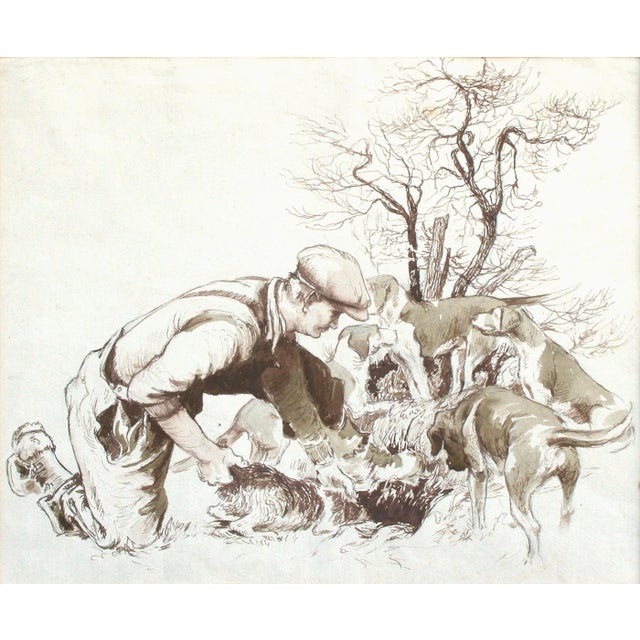 Ink and wash drawing of beagles and a terrier leading the hunter to the quarry. Unsigned. Displayed in a black and brown...