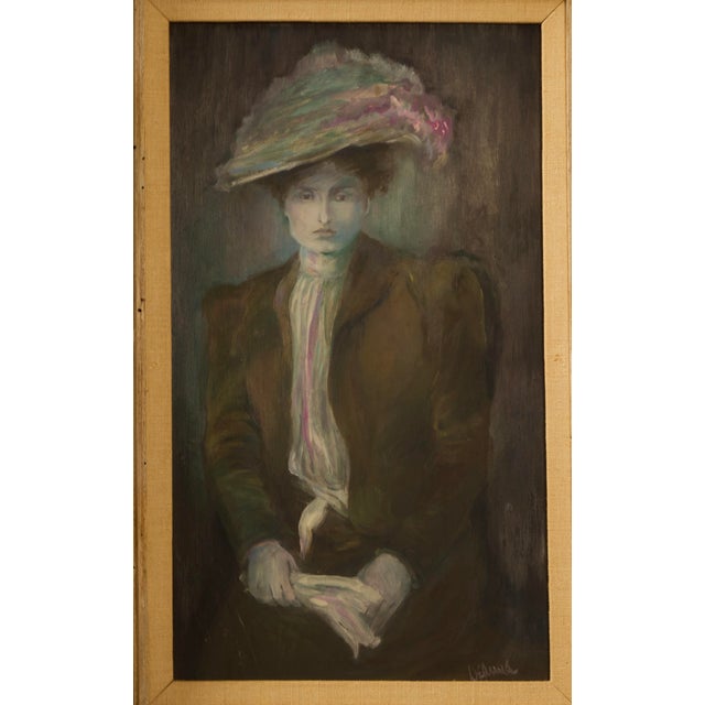 A quietly evocative oil portrait depicting a seated woman in a wide-brimmed hat, rendered in a restrained palette of slate...