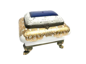 Vintage Mid Century Brass Footed Porcelain Hand Painted Jewelry Box