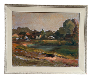 Swedish Artist, Village, 1950s, Oil on Canvas, Framed