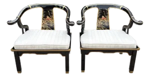 1980s Century Black Lacquer & Brass Chinoiserie Ming Hand Painted by Pam Bolick Horseshoe Armchairs - A Pair