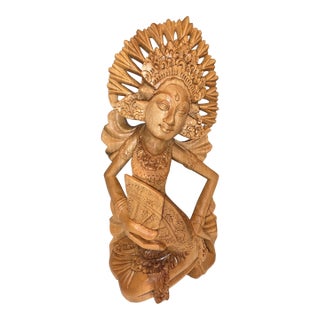 Mid-Century Balinese Art Deco Seated Janger Dancer With Fan Sculpture For Sale