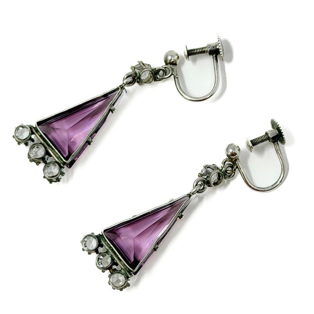 Art Deco Silver, Purple Triangular Glass and Paste Necklace and Earrings, 1920s, Set of 2 For Sale - Image 13 of 17