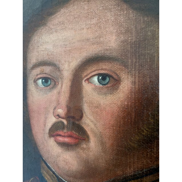 This large antique 19th century original oil painting from the 1840s shows a portrait of a German officer in full uniform....