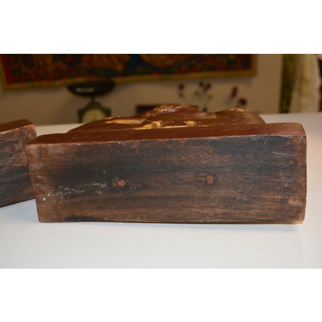 Burgundy Pair Carved Wood Seated Rams Gold / Burgundy Wash For Sale - Image 8 of 14