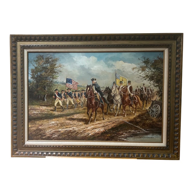 H.Rienmann American School Oil on Canvas Framed Signed Depicting George Washington Leading Pennsylvania State Regiment of Light Horse of 1778 For Sale