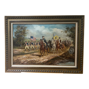 H.Rienmann American School Oil on Canvas Framed Signed Depicting George Washington Leading Pennsylvania State Regiment of Light Horse of 1778