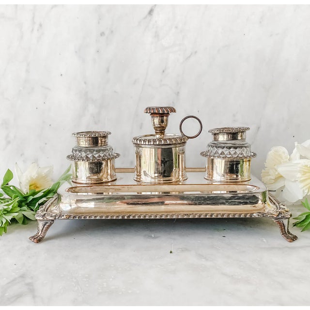 Early 19th Century Rare Early 19th Century Old Sheffield Plate Inkwell Stand With Original Cut Glass Inserts, Circa 1820 For Sale - Image 5 of 10