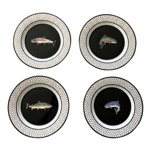 1990s Sporting Porcelain Trout Luncheon Plates, Set of Four For Sale