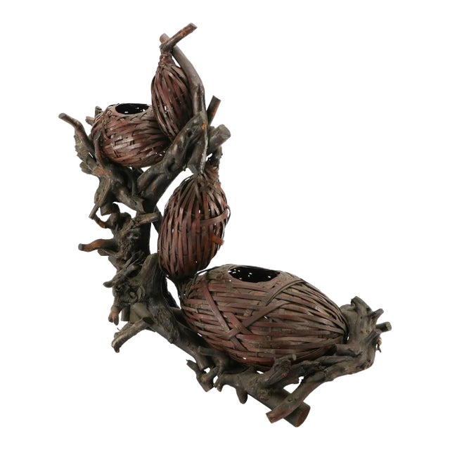 Meiji Japanese Bamboo Basket Hyotan Double Gourd Ikebana Flower Vase Antique Vintage Not Signed For Sale