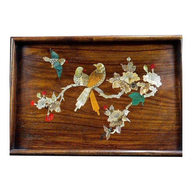 Vintage Huanghuali Wood Tray With Mother-of-Pearl Bird & Flower Inlay For Sale