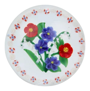 Randall Grubb Flat Flower Bouquet Glass Paperweight with a Millefiori Garland