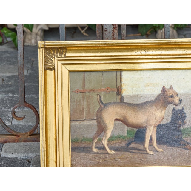Textile Continental Oil Painting of Two Dogs in Courtyard, circa 1900 - Gilt Frame For Sale - Image 7 of 12