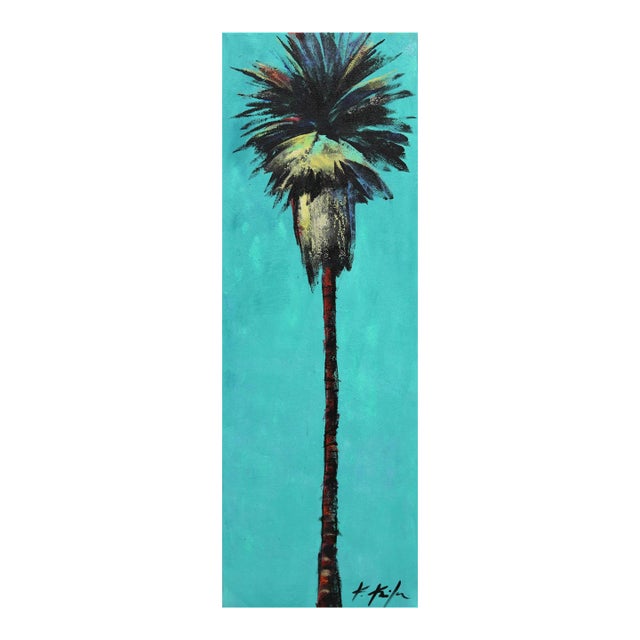 Aqua Alive - Tall Skinny Palm Tree Landscape Painting on Canvas - Original Artwork by Kathleen Keifer For Sale