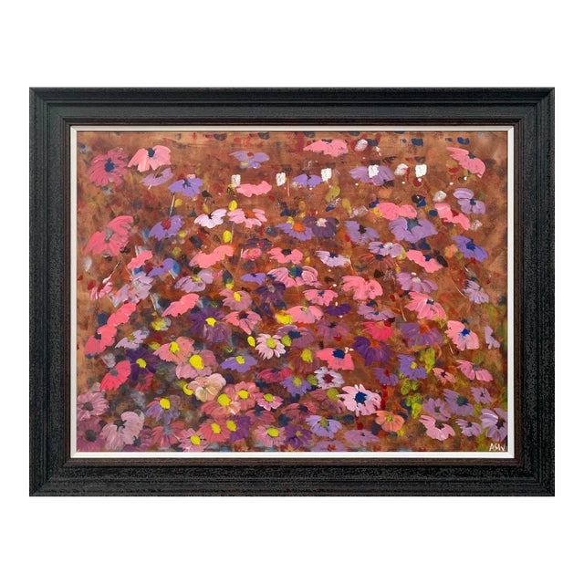 Abstract Pink & Purple Flowers Interior Design - Unique Original Art by British Contemporary Artist, 2001 For Sale