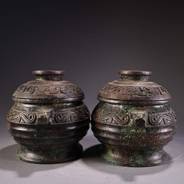 Pair of Antique Bronze Lidded Jars With Archaic Scrollwork For Sale - Image 4 of 9
