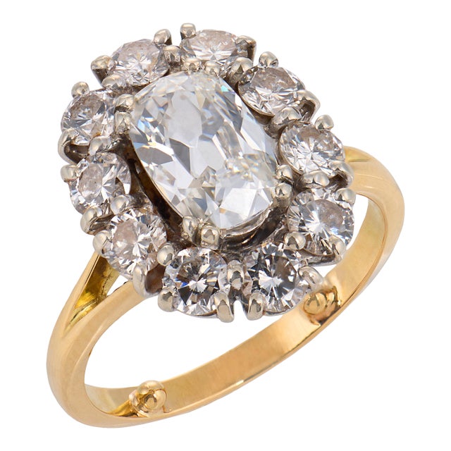 Mid Century Gia 1.01 Carat Old Mine Cut Diamond 18k Gold Cluster Ring, Size 12.5 For Sale
