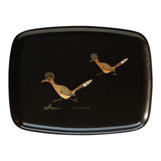 Rectangular Mid-Century Black Resin Inlaid "Roadrunners" Tray by Couroc For Sale