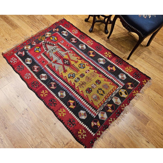 Antique Turkish Kilim, Handwoven Wool, Prayer Pattern, Pale Yellow & Red, 4x5 For Sale - Image 11 of 12
