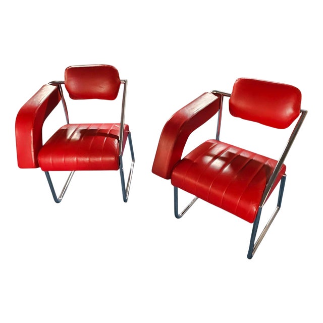 Red Leather Chairs by Eileen Gray for Alivar, Set of 2 For Sale