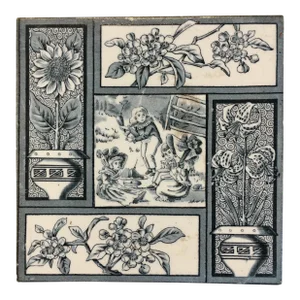 1881 Teal Aesthetic Movement Tile Picnic & Flowers by Kate Greenaway