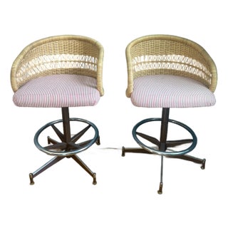 1970s Vintage Rattan and Counter Stools- Set of 2 For Sale