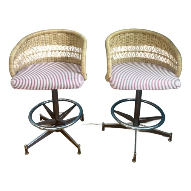 1970s Vintage Rattan and Counter Stools- Set of 2 For Sale