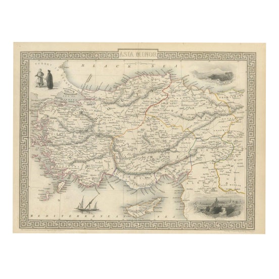 Antique Asia Minor Map from Tallis with Rhodes and Olympus Vignettes, 1851 For Sale