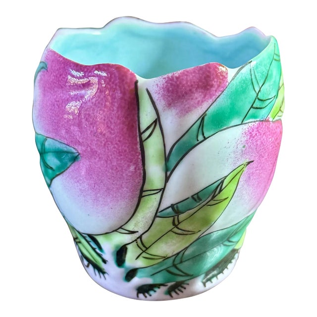 Vintage Mid-Century Chinese Famille Rose Longevity Peach Porcelain Cup or Brush Pot For Sale