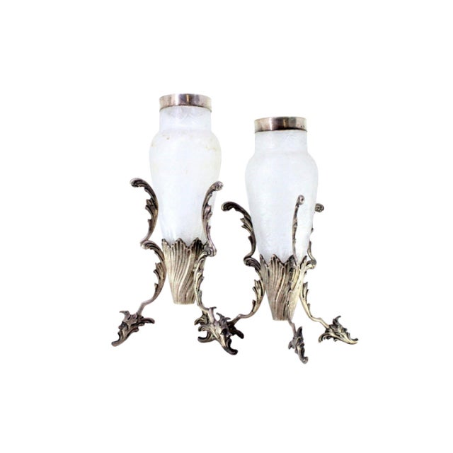 Metal Silver and Frosted Glass Vases with Floral Reliefs, Applications and God-Shaped Cut-Out Feet, Set of 2 For Sale - Image 7 of 7