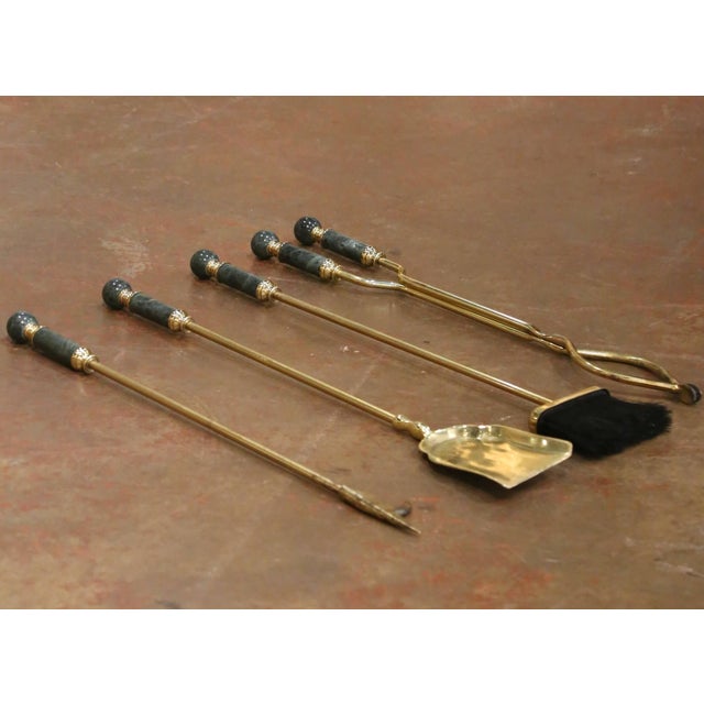 Mid-Century French Brass and Green Marble Five-Piece Fireplace Tool Set For Sale - Image 9 of 9