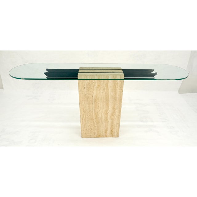 Stone Italian c1970s Mid Century Modern Glass Top Single Travertine Base Console Table For Sale - Image 7 of 14