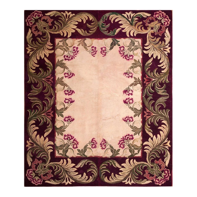 1930s Ivory Floral Folk Art Antique American Hooked Rug 7'8" X 9'5" Handknotted Wool Carpet For Sale