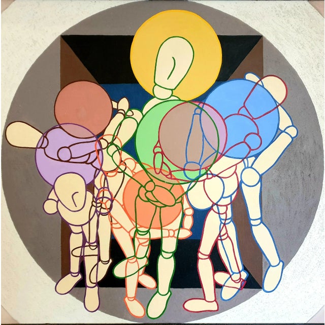 Large abstract geometric oil on canvas of artist's lay figures at play by British artist Derek Carruthers. Signed and...