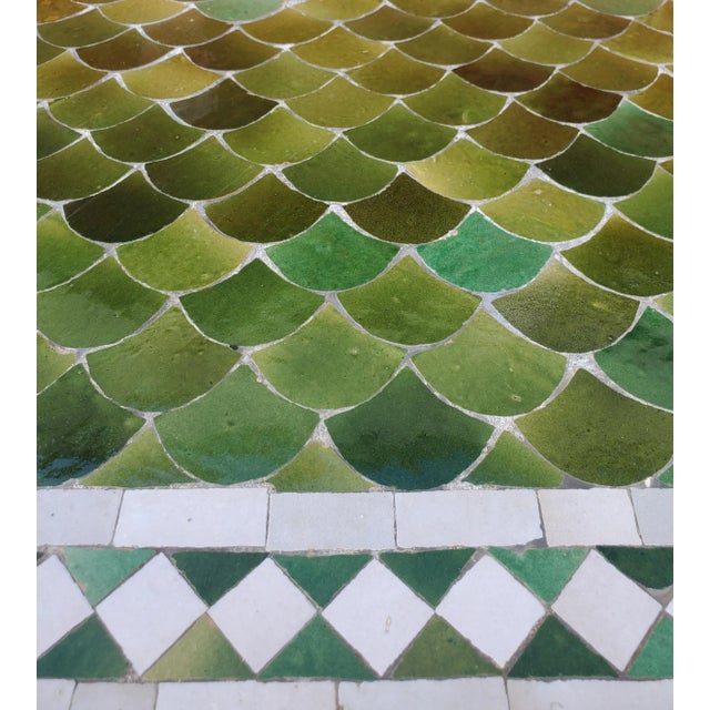 Moroccan 40" Handmade Moroccan Square Mosaic Table in Tamegrout Green and White Fish Scales Design For Sale - Image 3 of 7