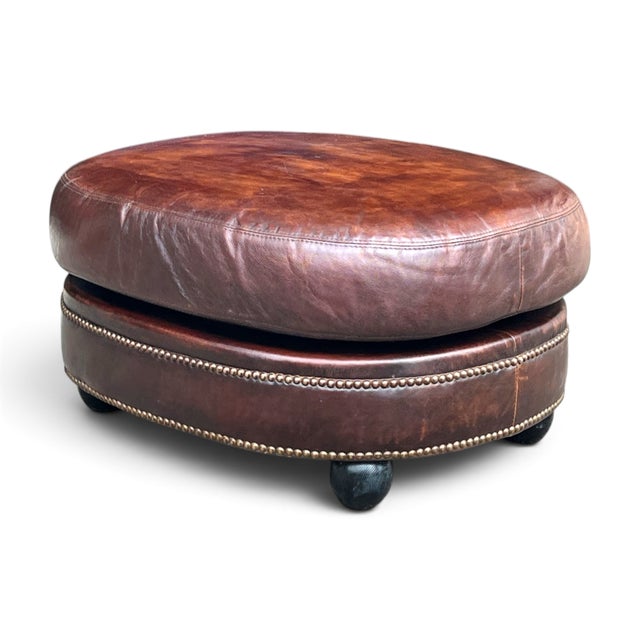 Vintage Oval Brown Leather Ottoman With Brass Nailhead Trim and Rounded Feet For Sale - Image 4 of 10