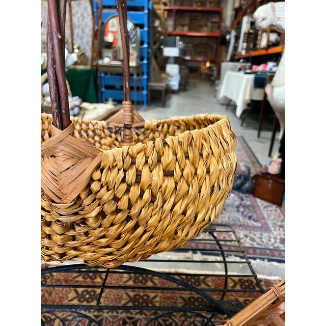 Vintage Hand Woven Wicker Basket With Brown Handle For Sale - Image 10 of 10