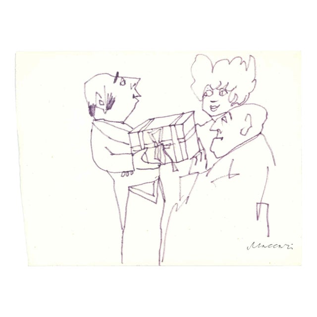 Mino Maccari, The Gift, Ink Drawing, Mid-20th Century For Sale