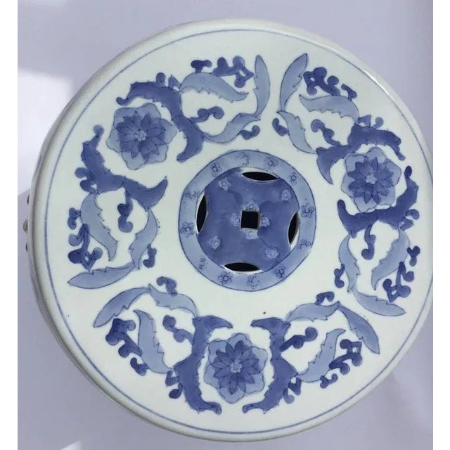 Ceramic Ceramic Asian Garden Seat in Blue and White Floral Motifs For Sale - Image 7 of 12