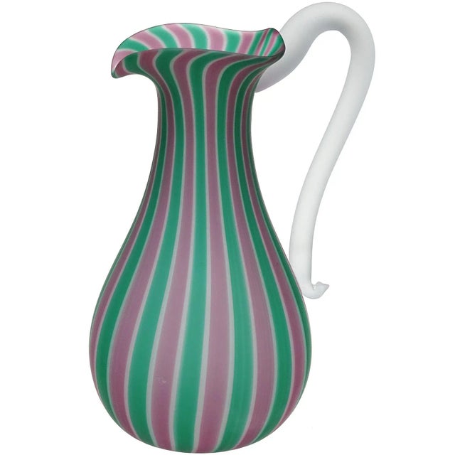 Murano Fratelli Toso Satin Surface Pink Green Canne Vintage Italian Art Glass Mid-Century Modern Pitcher For Sale In Orlando - Image 6 of 6