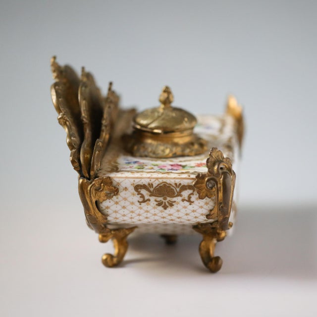 Rococo Sèvres French Porcelain & Gilt Bronze Inkwell Letter Holder, C. 1880 For Sale - Image 3 of 13