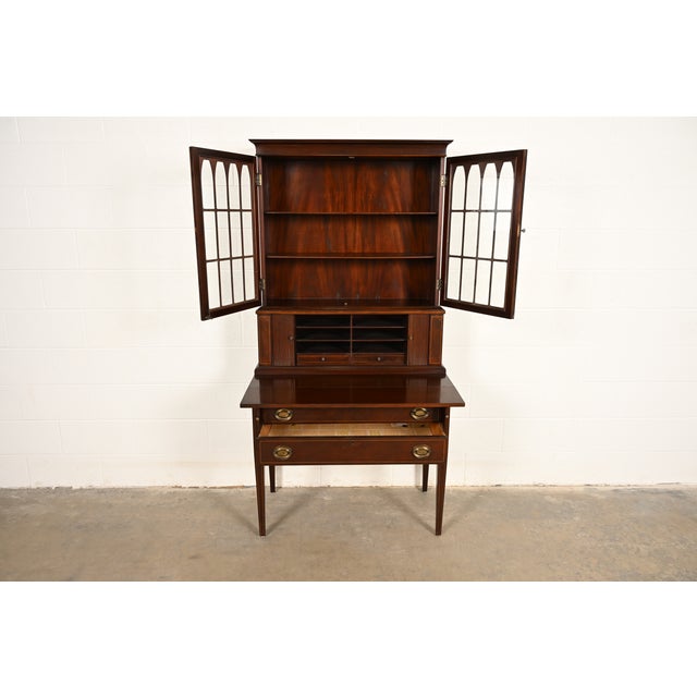 Baker Furniture Style Hepplewhite Mahogany Secretary Desk With Bookcase Hutch, Circa 1920s For Sale In South Bend - Image 6 of 16