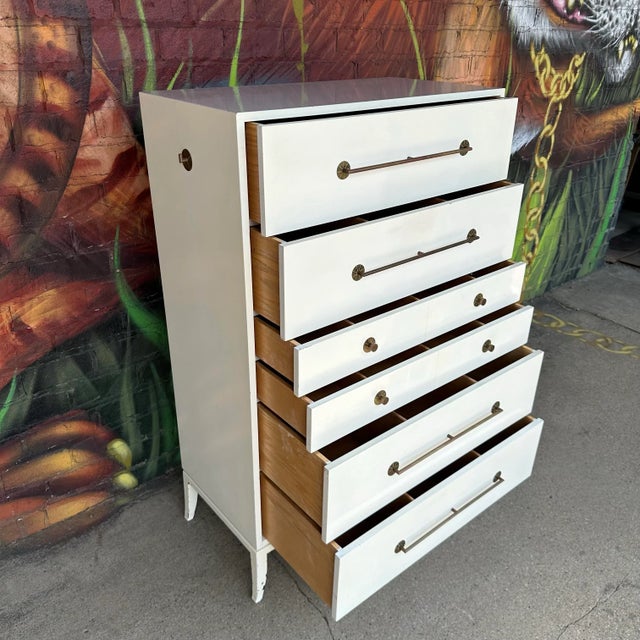 Parzinger Originals Tommi Parzinger for Parzinger Originals White Lacquer Tall Dresser With Brass Accents For Sale - Image 4 of 12