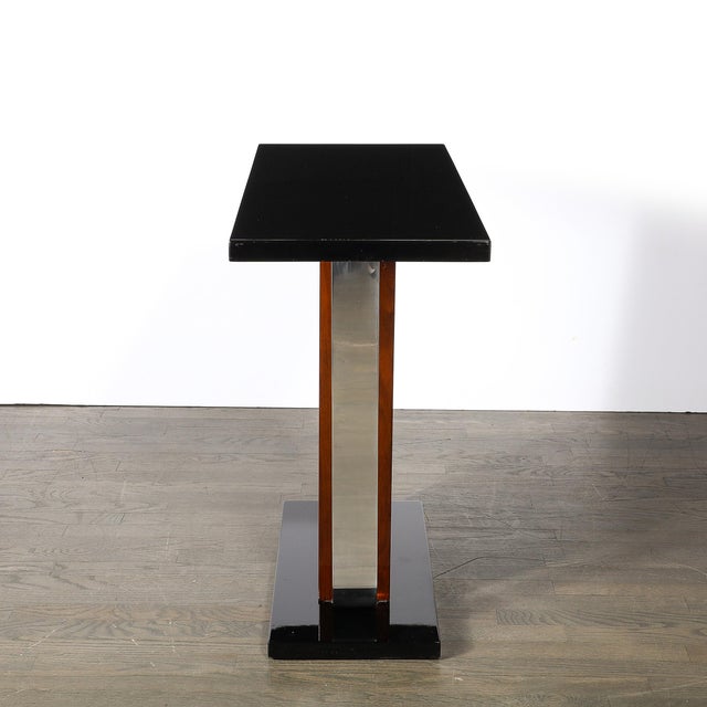 Art Deco Machine Age Console Table in Walnut, Lacquer & Banded Nickeled Supports For Sale - Image 4 of 12
