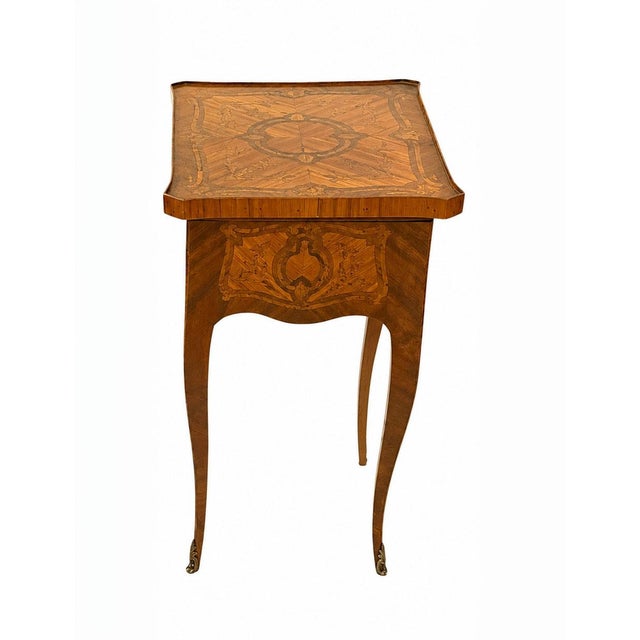 Wood Rare French Marquetry Writing Tables With Leather Pull Out Slides - A Pair For Sale - Image 7 of 8