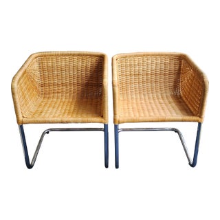 1960s Mid-Century-Modern Cantilever Chrome and Wicker Dining Chairs - Set of 2 For Sale