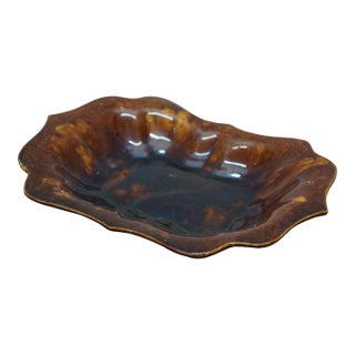 Antique Ceramic Brown Glazed Scalloped Dish Tray Centerpiece Bowl Compote 11" For Sale